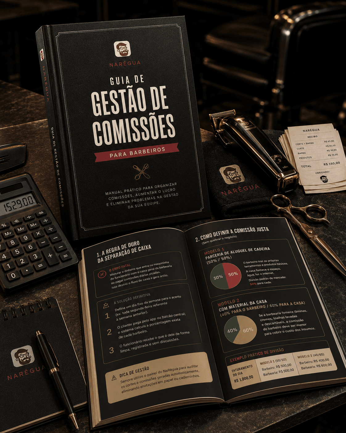Mockup do Guia de Gestão de Comissões NaRégua, capa e páginas internas